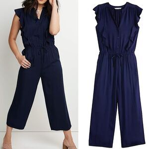 Popsugar navy blue button front tie waist wide Leg Romper Jumpsuit 100% rayon S